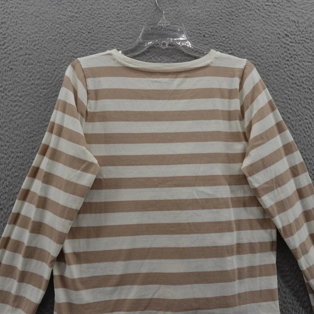 J Crew Button Side Stripe Top Medium Tan White Cotton Long Sleeve‎ Womens Tee
